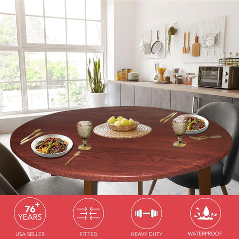Covers For The Home round-fit table cover in mahogany woodgrain for secure dining protection