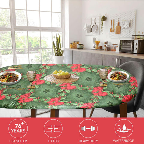 Covers For The Home Holly oval table cover showing soft backing and festive design