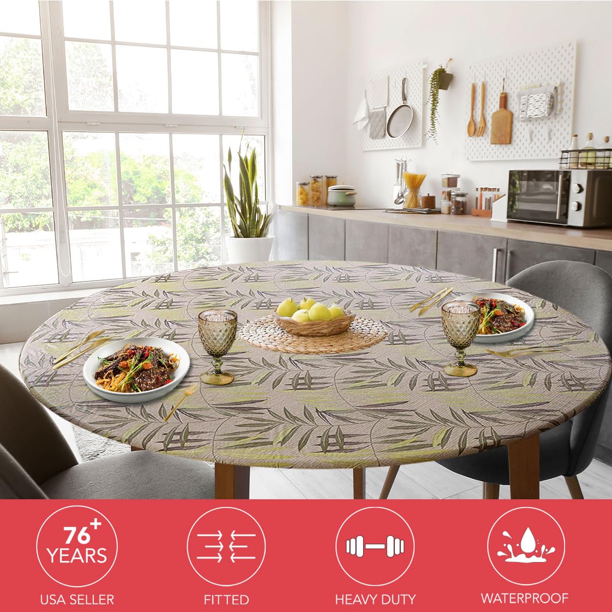 Covers For The Home fern pattern table cover provides a secure round fit.