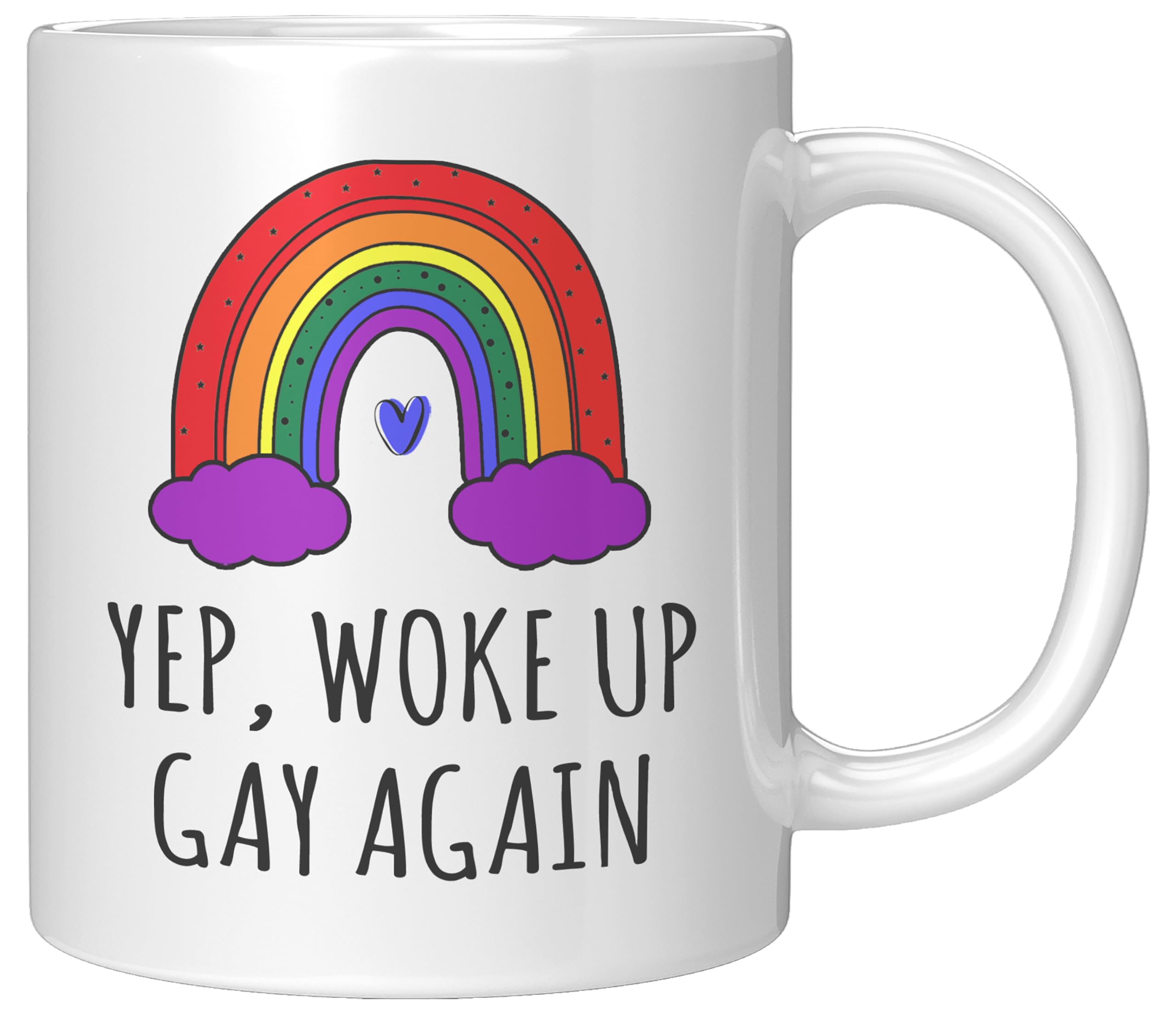 Coveted Goods Gay Coffee Mug front view with rainbow design, ideal for daily pride-themed coffee.