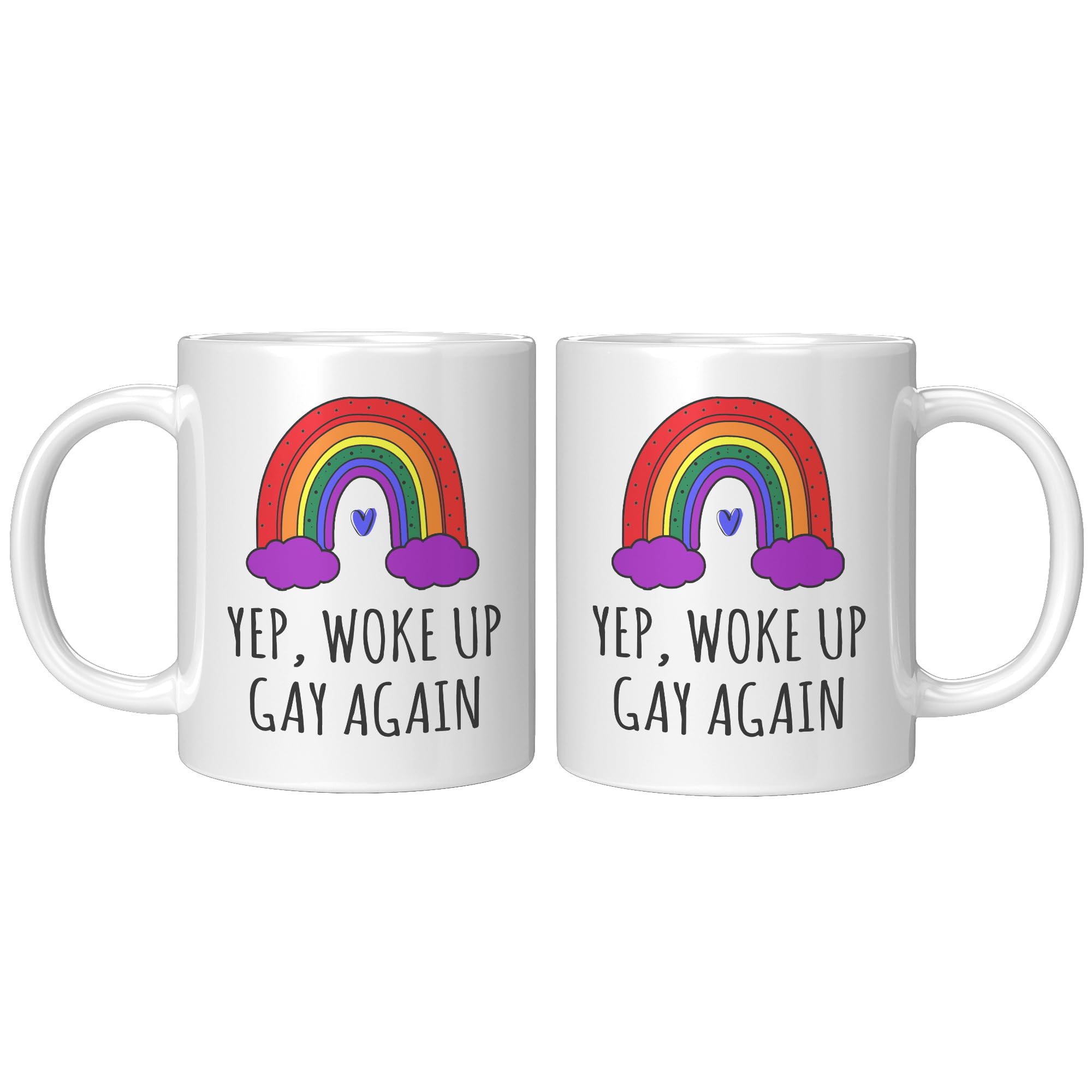 Coveted Goods Gay Coffee Mug right-side handle reveals vibrant print, a fun gift idea.
