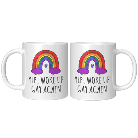 Coveted Goods Gay Coffee Mug right-side handle reveals vibrant print, a fun gift idea.