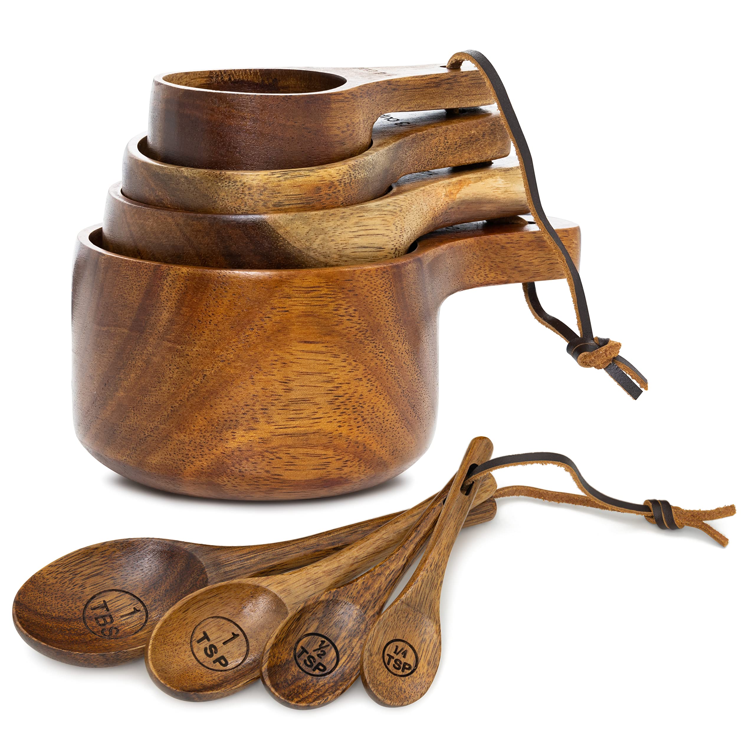 Covie wooden measuring cups set on counter with engraved sizes for easy measuring.