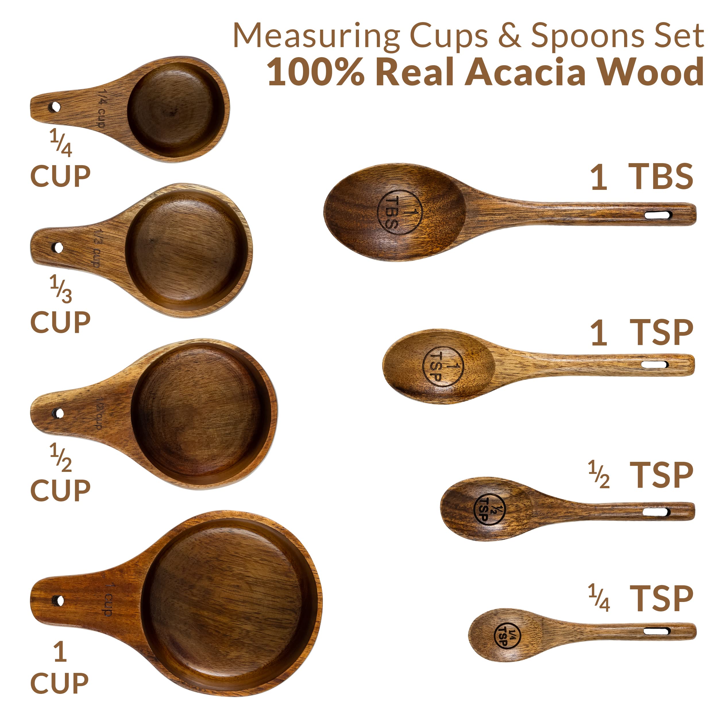 Covie acacia wooden measuring spoons set arranged for compact storage.