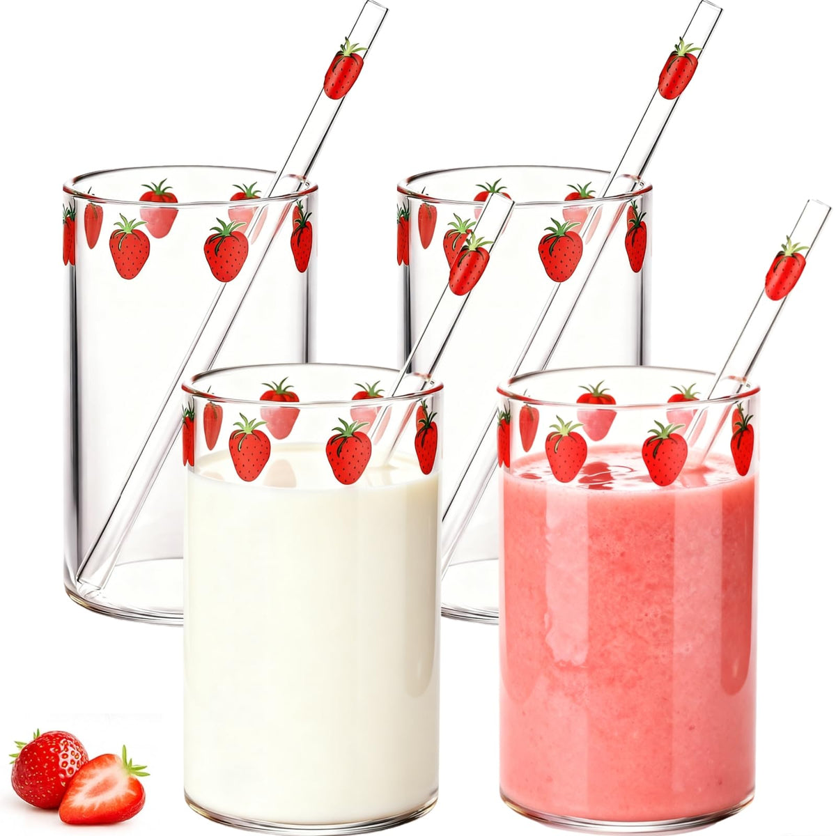 Covzoe strawberry glass cups 4-pack for fresh juice and iced coffee