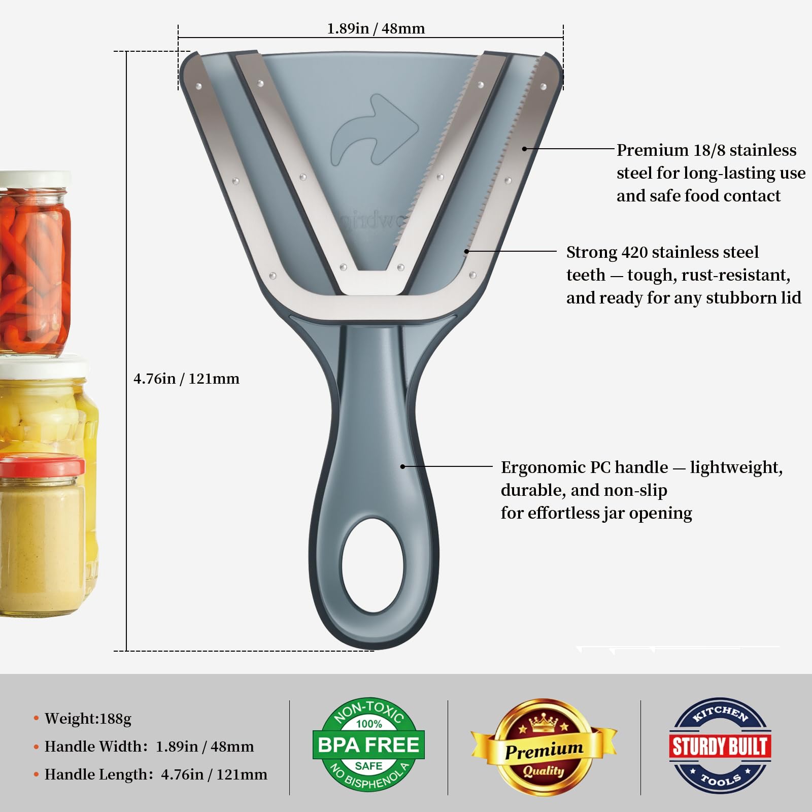 Cowbright jar opener cleans easily and stores compactly after use.