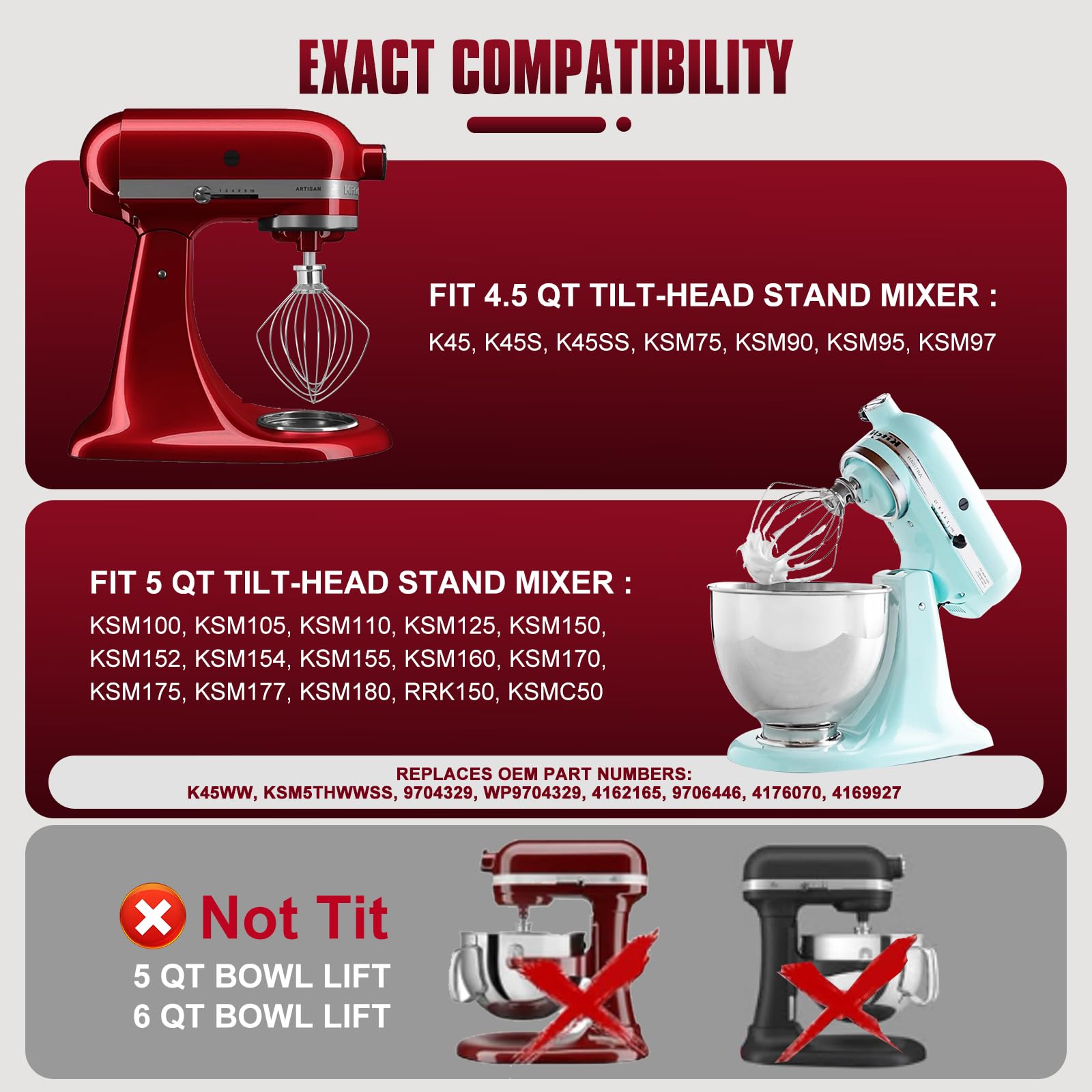 Cowbright K45WW fits KitchenAid 4.5-5 qt tilt-head with quick snap-on installation