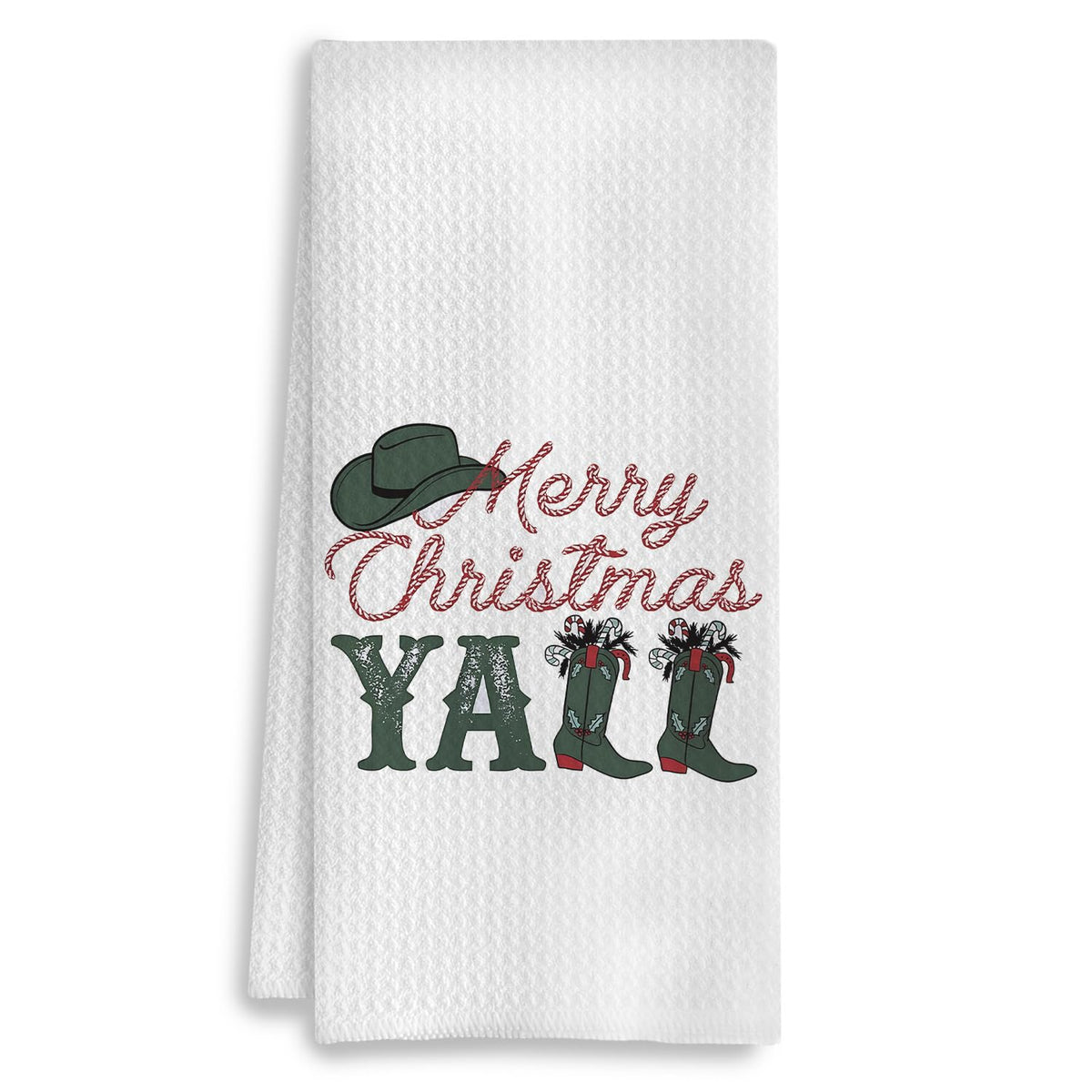 COWEB Merry Christmas Y'all kitchen towel with festive western design for bright holiday cheer