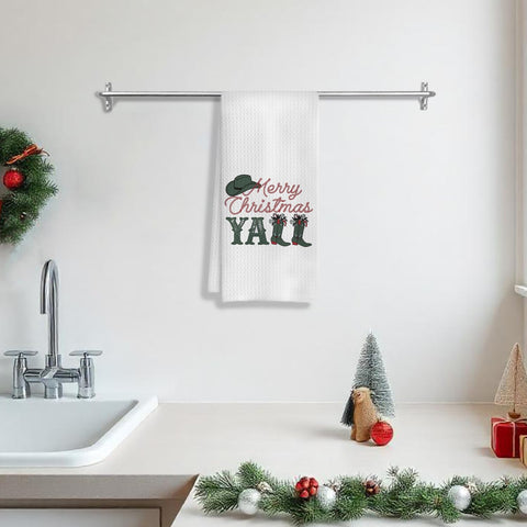 COWEB Merry Christmas Y'all towel draped over countertop highlighting stylish decor