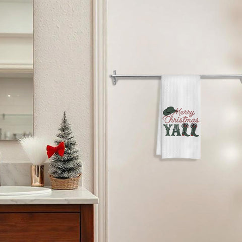 COWEB Merry Christmas Y'all towel folded with gifts ideal for gift-ready presentation