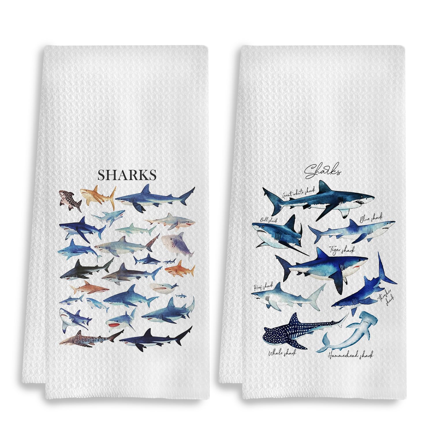 COWEB Shark Towels Set of 2 decorates a coastal bathroom with shark motif.