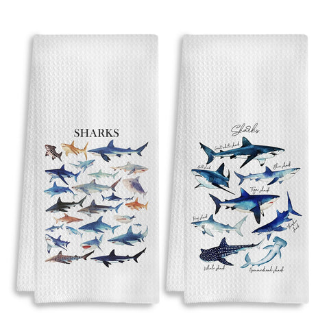 COWEB Shark Towels Set of 2 decorates a coastal bathroom with shark motif.