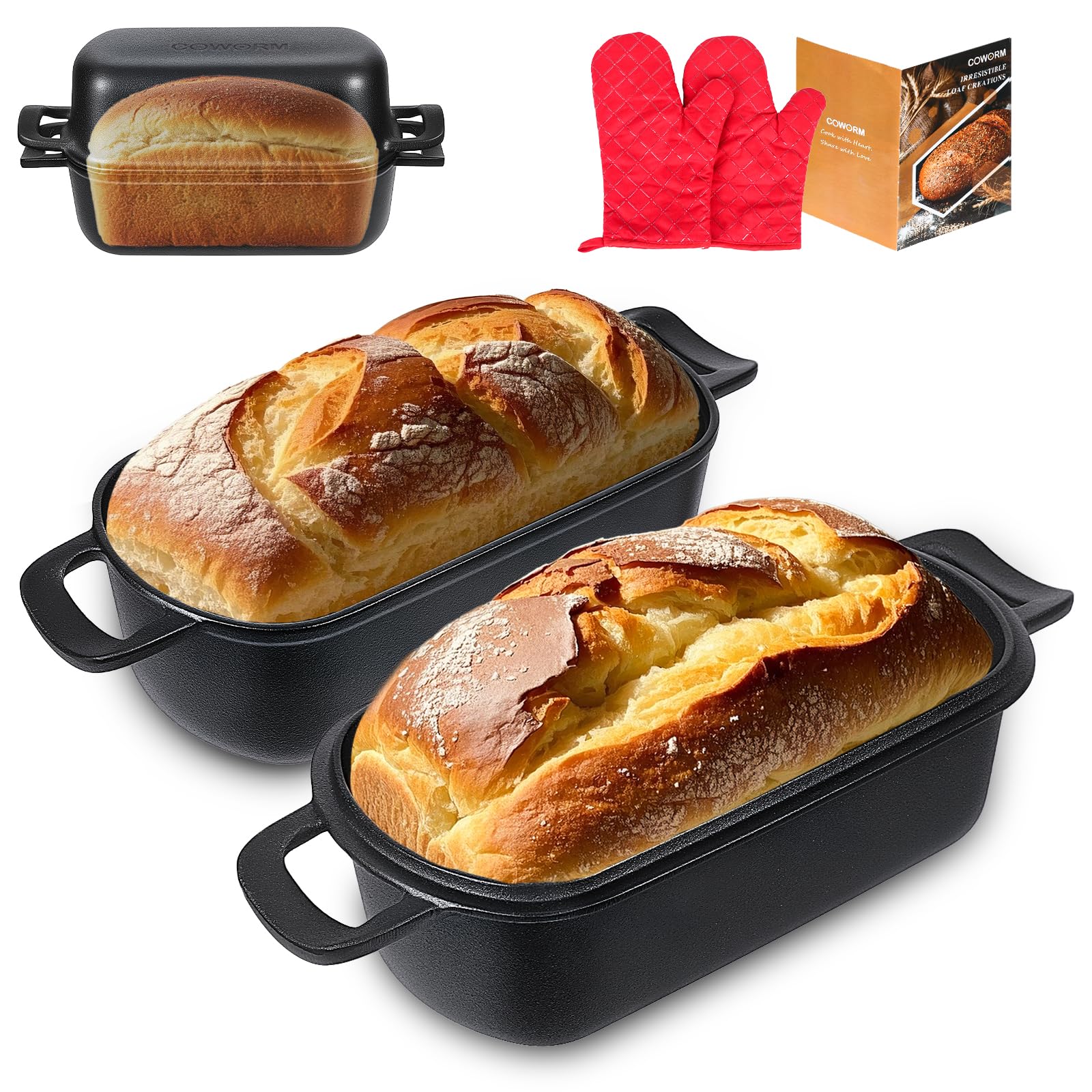 COWORM 10x5 cast iron loaf pan with lid, perfect for even baking and easy release.