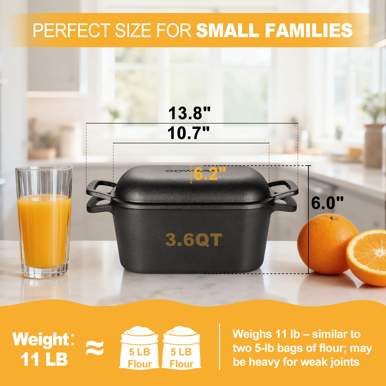 COWORM 3.6QT oval Dutch oven sturdy loop handles for easy lifting