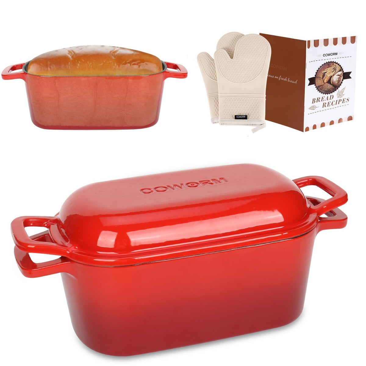 COWORM 3.6QT oval dutch oven with red lid for even baking