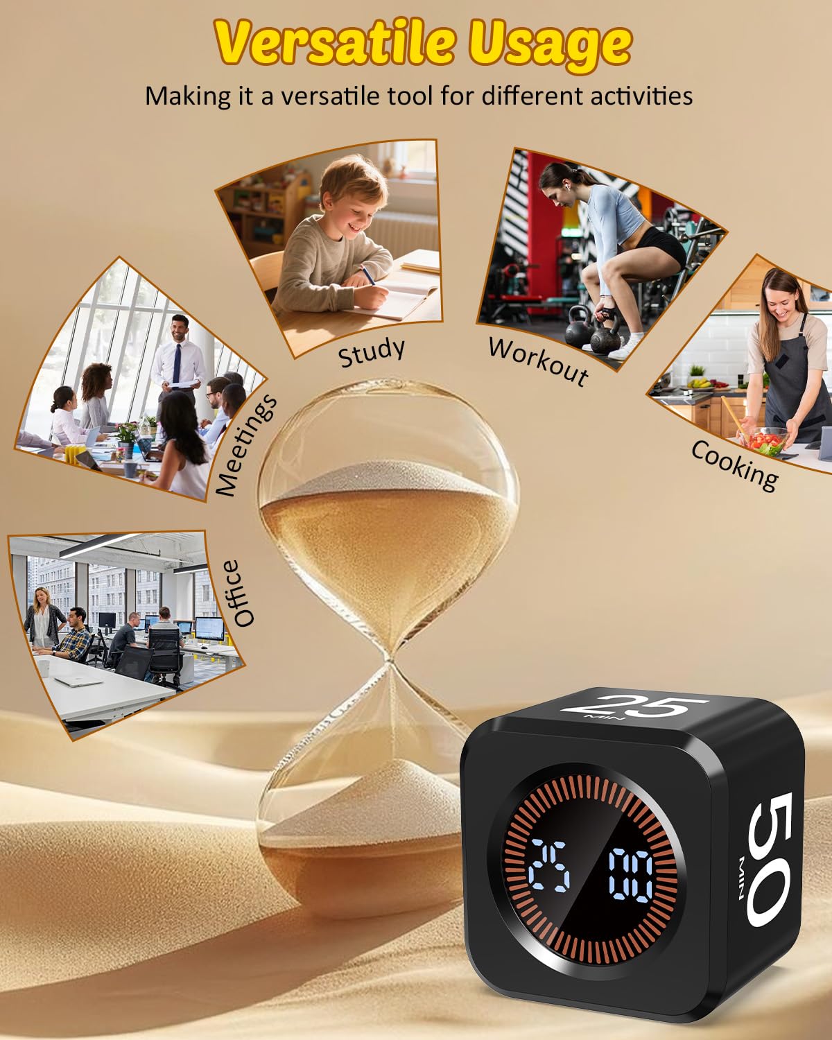 COWVTUJ Pomodoro Timer Cube packaging highlighting the product benefits