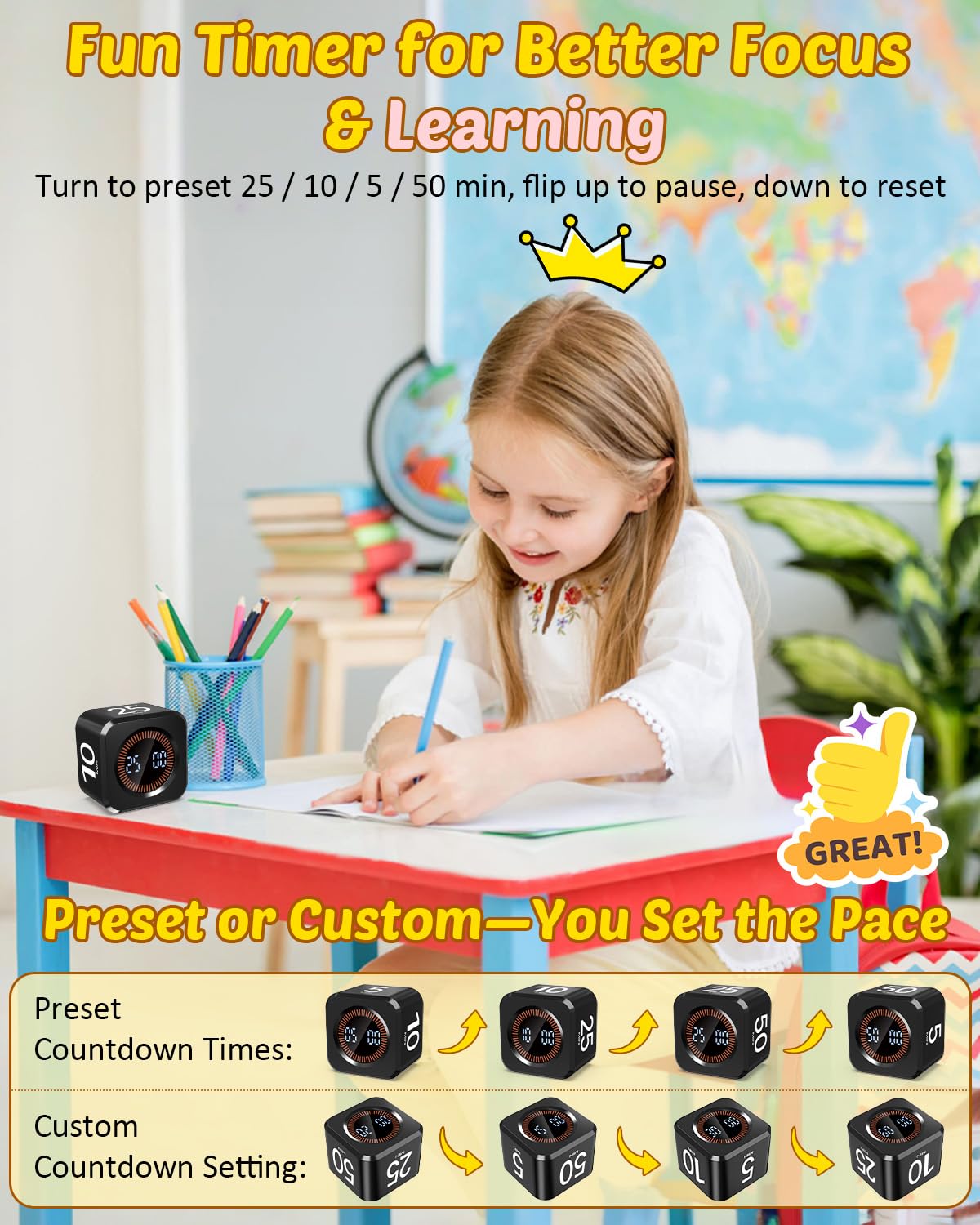 COWVTUJ Pomodoro Timer Cube top view showing compact design for desks