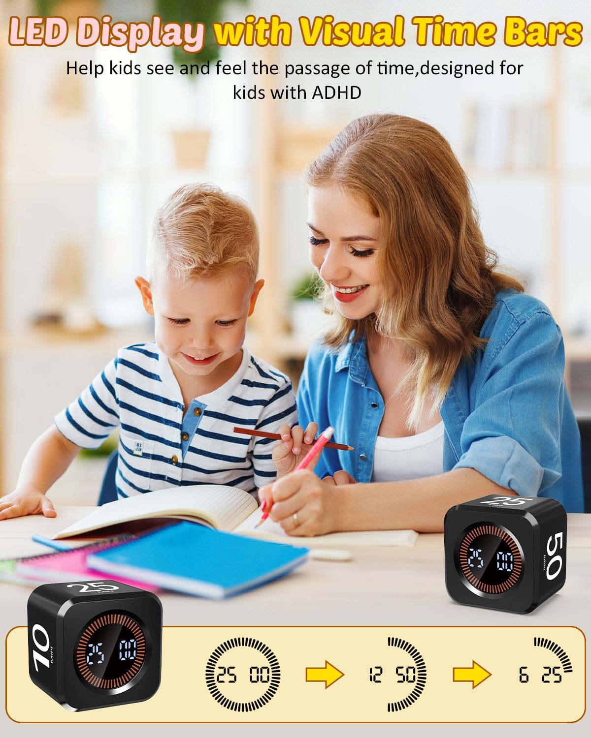 COWVTUJ Pomodoro Timer Cube rechargeable battery with Type-C charging on the go