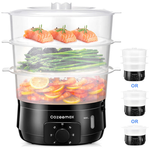 Cozeemax 13.7QT steamer with three-tier baskets enables multi-dish meals.