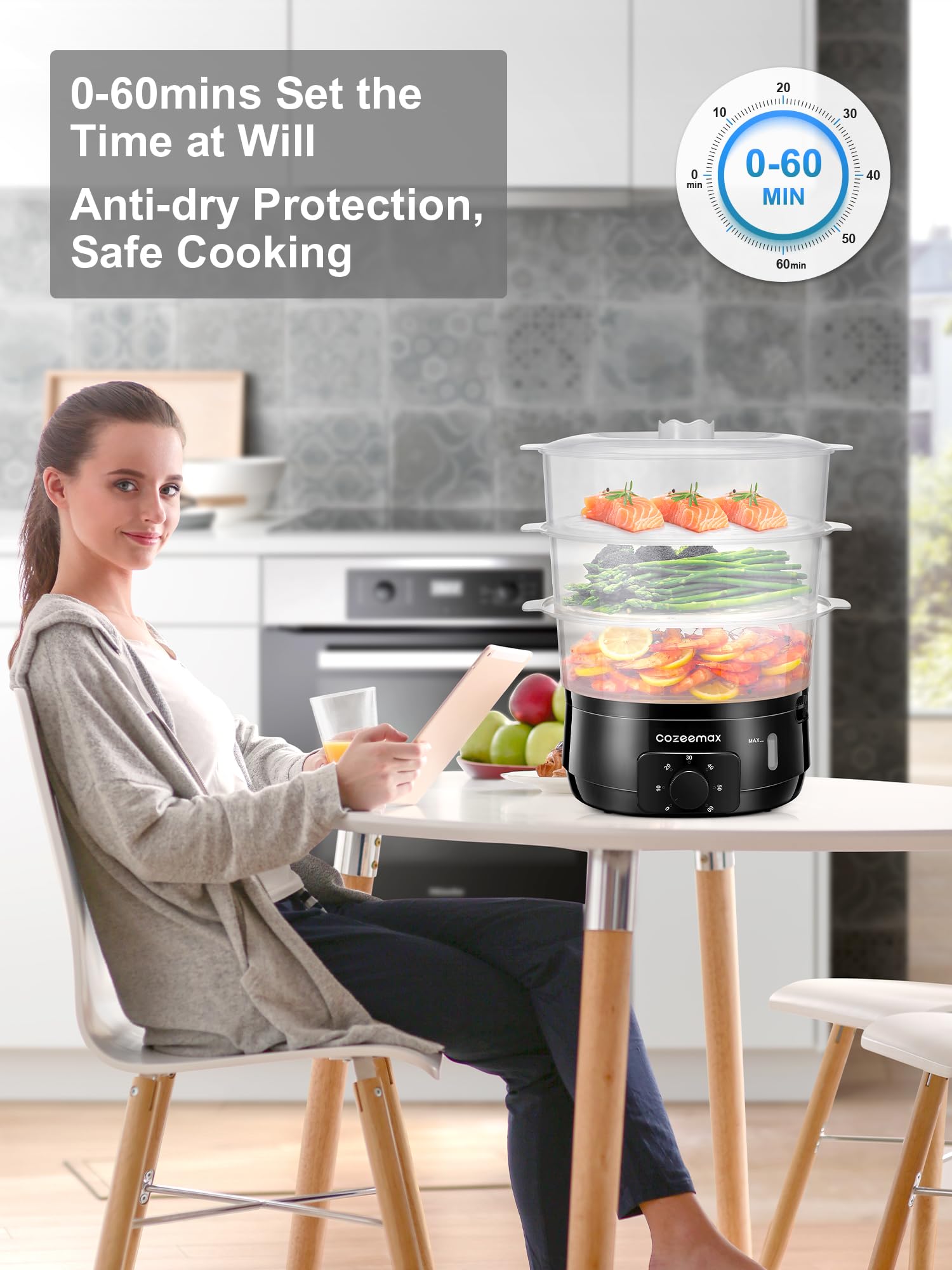 Anti-dry protection and timer help manage precise cooking.
