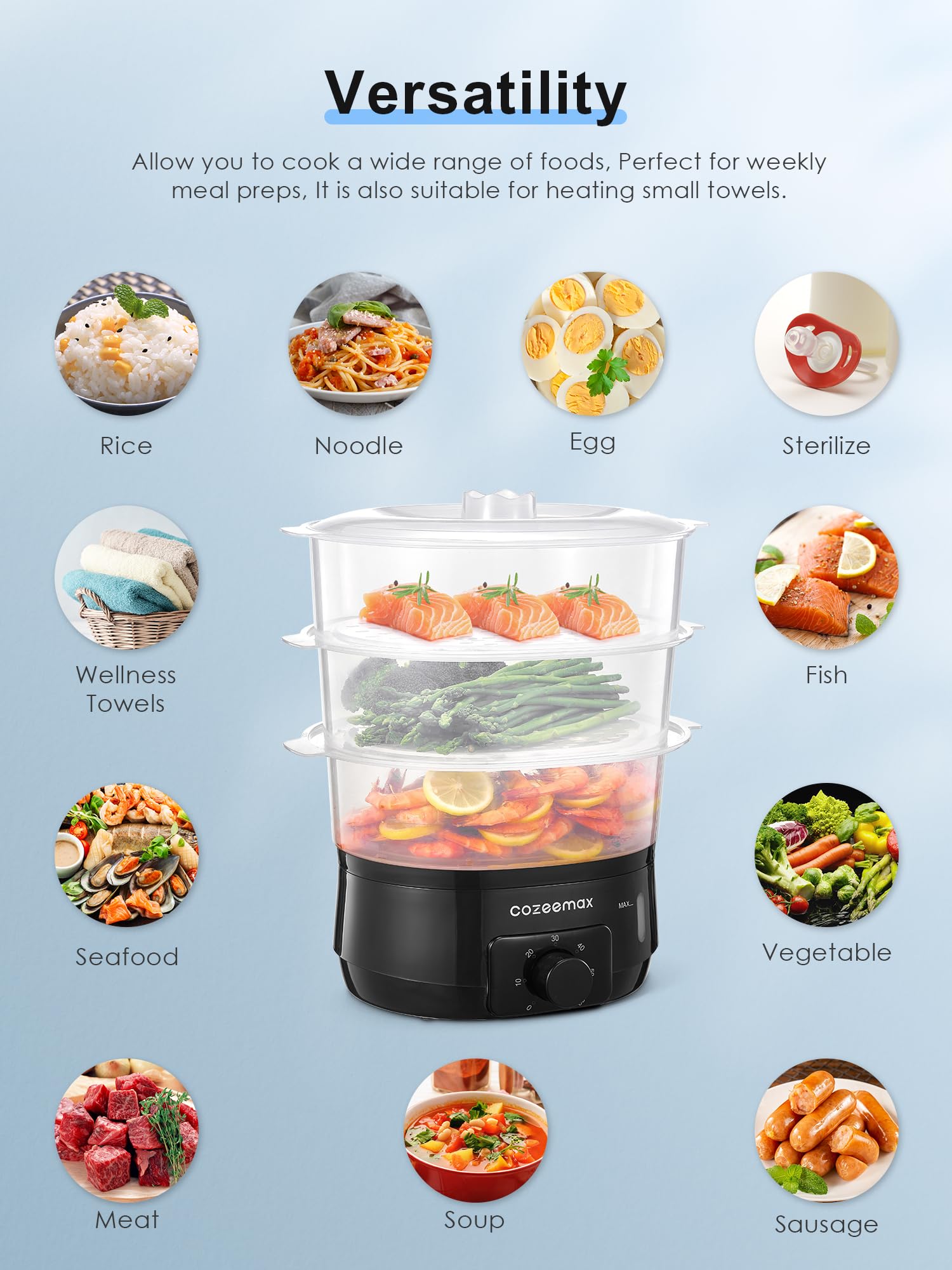 Cozeemax electric steamer delivers fast steam for quick dinner prep.