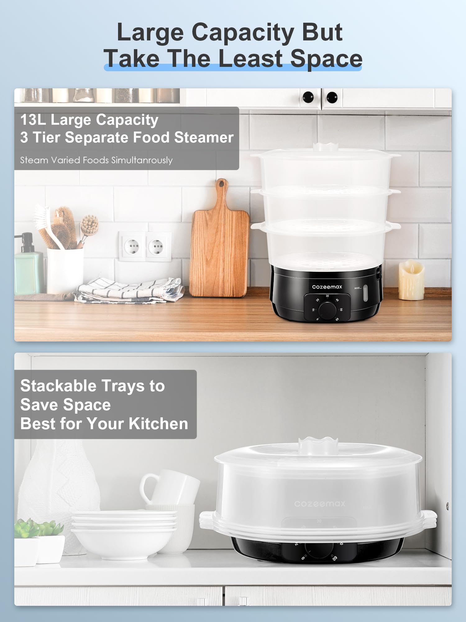 Large capacity supports steaming multiple foods at once without crowding.
