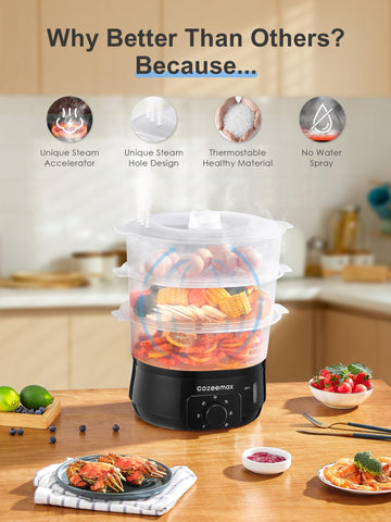 Cozeemax 13.7QT steamer cooks rice and vegetables evenly for texture retention.
