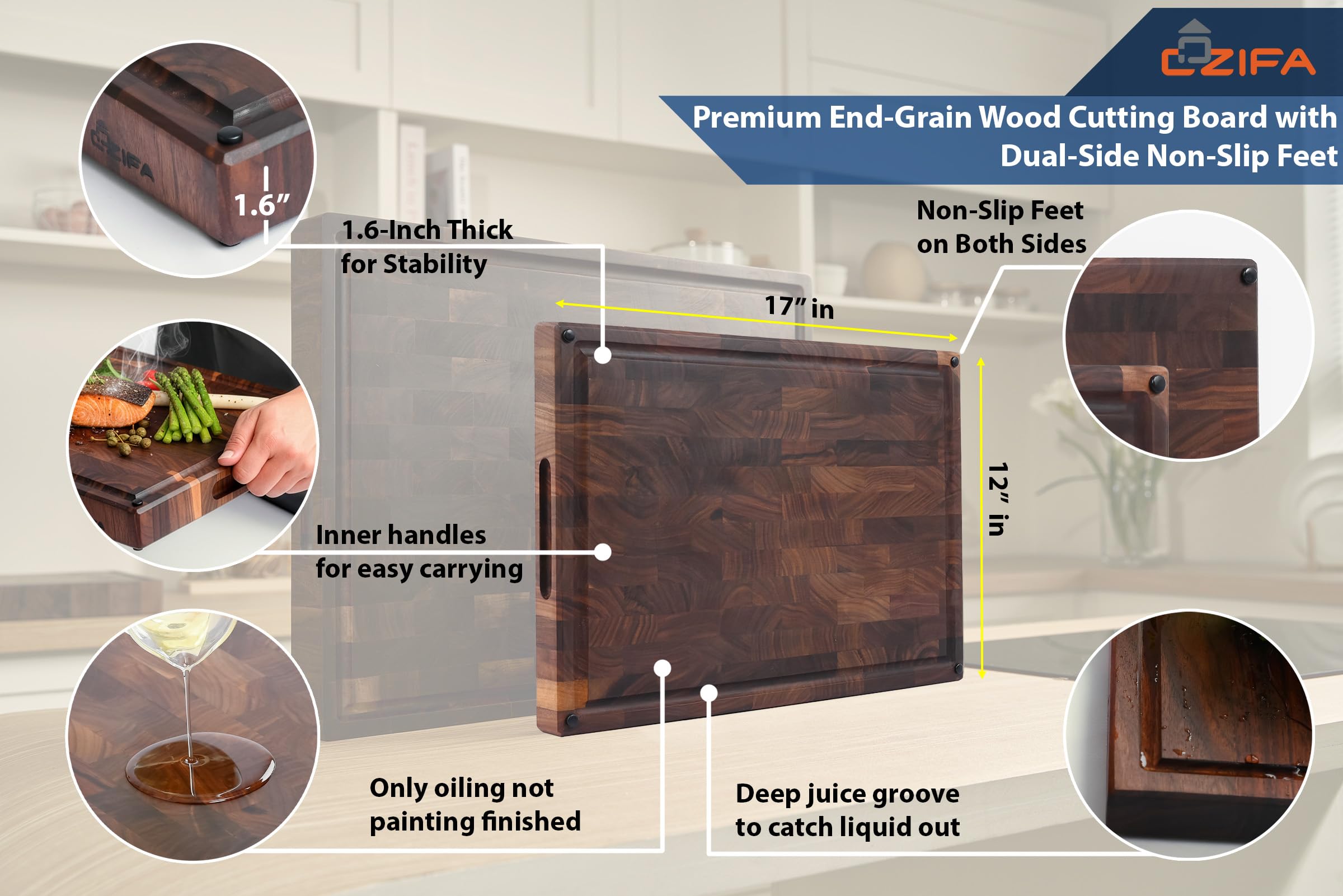 Cozifa end grain walnut board offers knife-friendly surface and durability