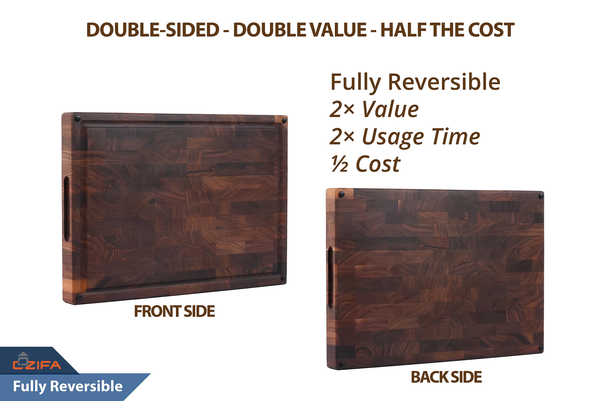 Cozifa end-grain walnut board enhances knife longevity and durable performance.