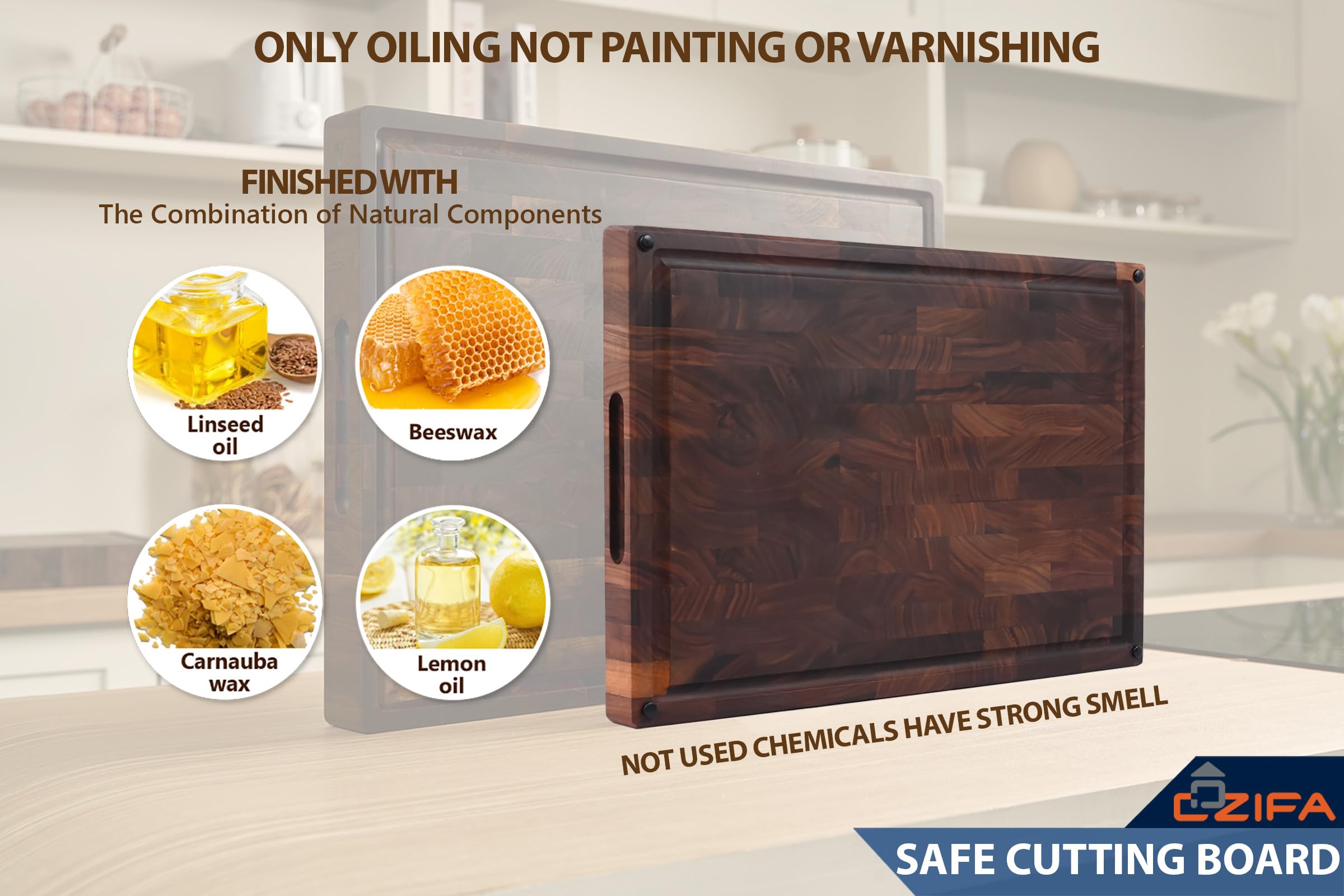 Cozifa cutting board with built-in inner handles for easy transport.