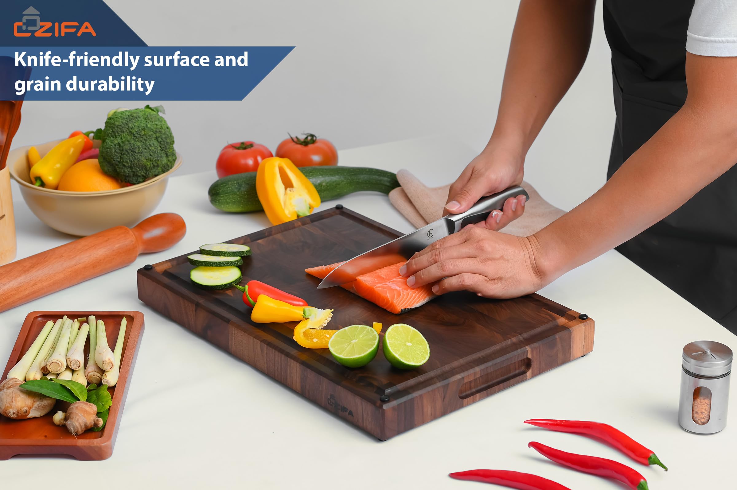 Cozifa knife-friendly surface helps protect blades during chopping.