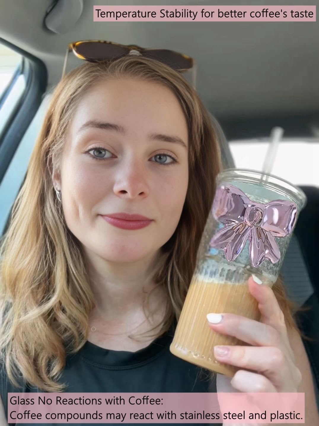 Cozifycasa pink bow glass tumbler with lid and straw for smoothies.
