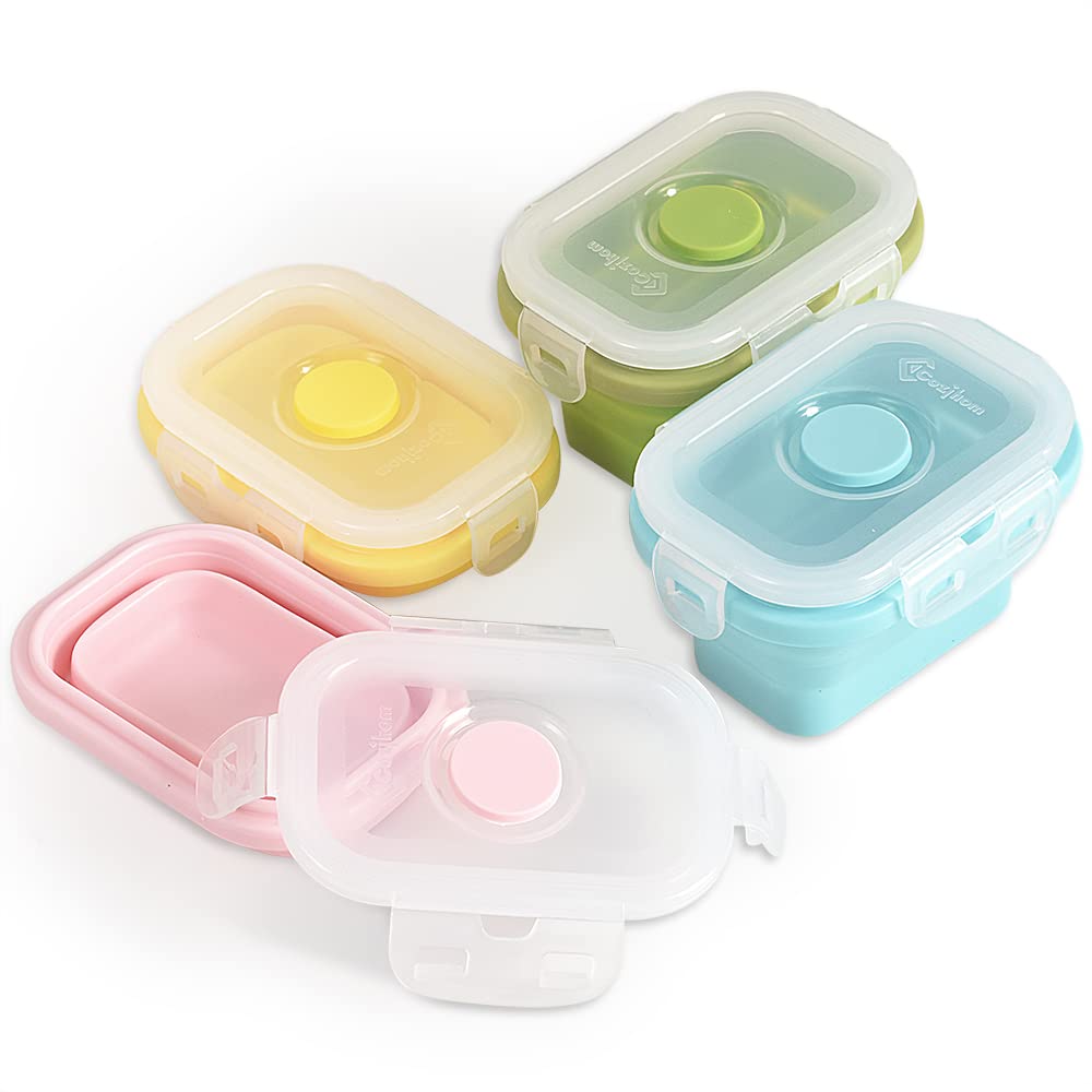 Cozihom collapsible 5oz silicone container with clip-on lid for leak-proof storage.
