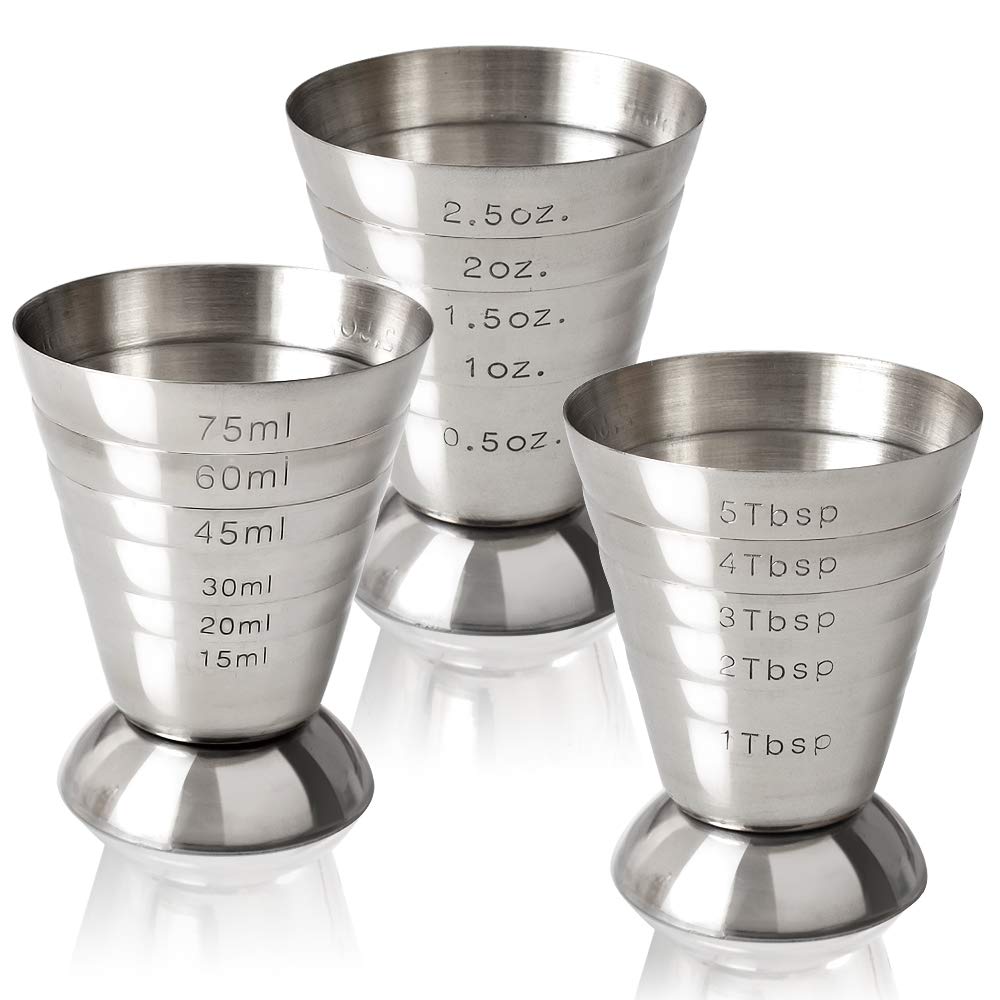 Stainless steel jigger with external markings for quick, accurate measurements.