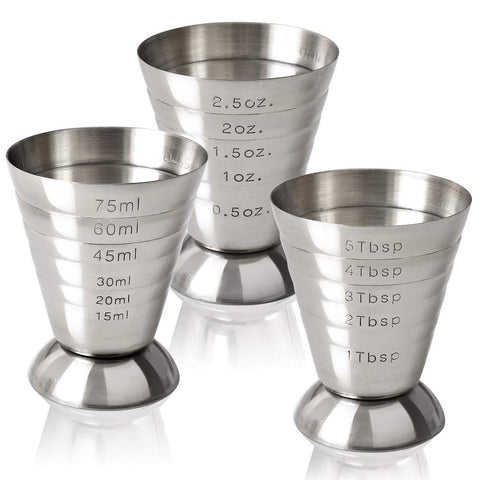 Stainless steel jigger with external markings for quick, accurate measurements.