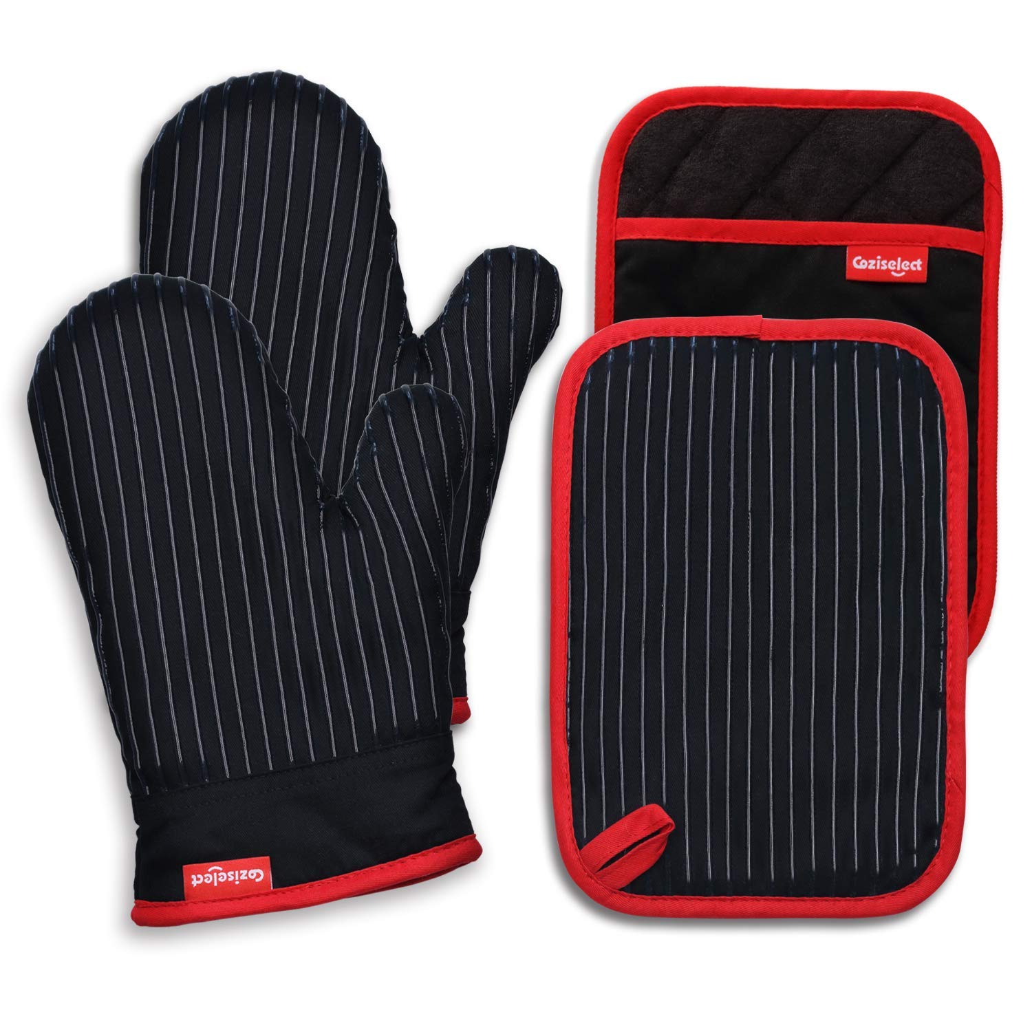 Coziselect oven mitts with silicone grip provide secure handling of hot cookware.