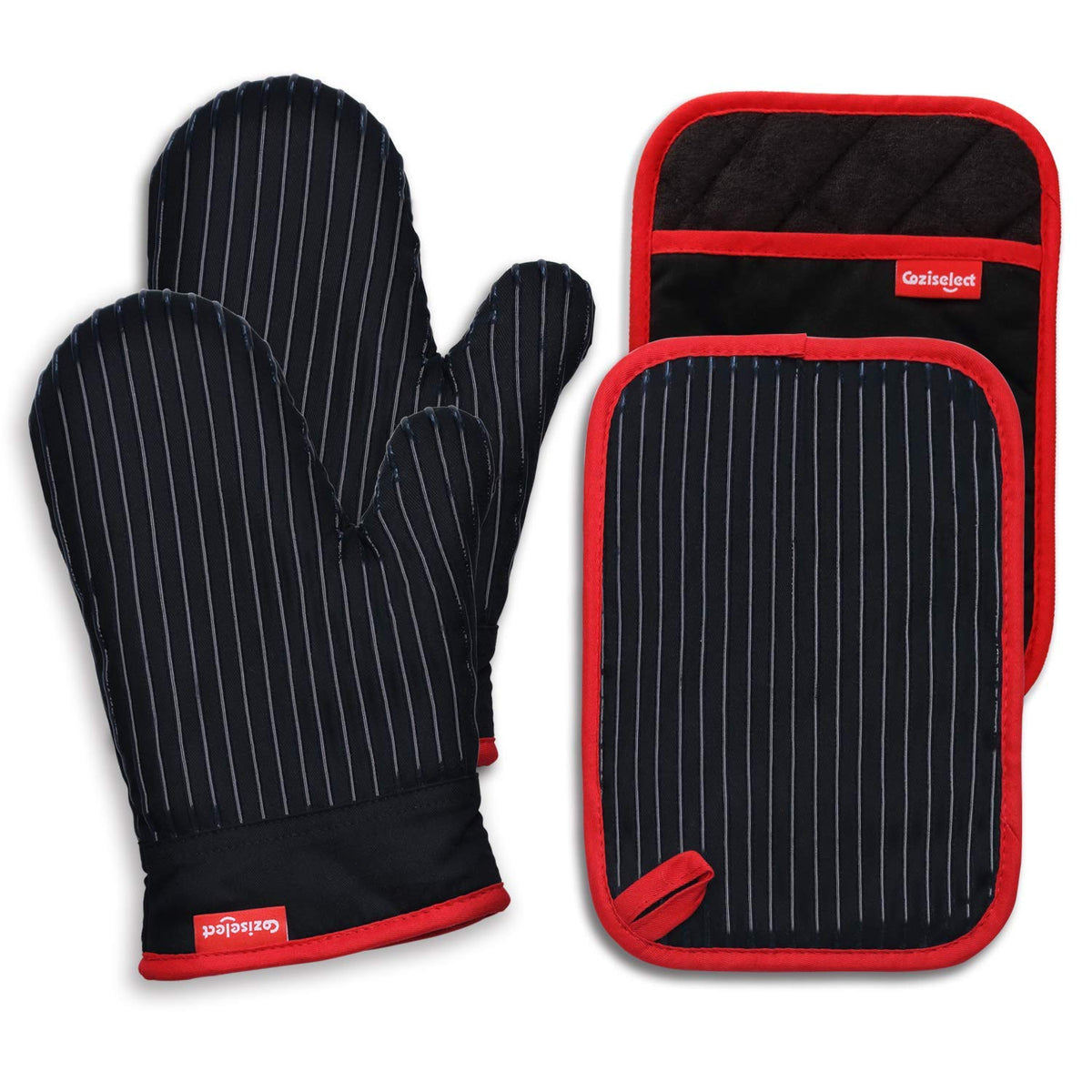 Coziselect oven mitts with silicone grip provide secure handling of hot cookware.