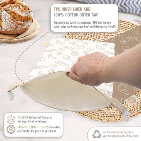 Cozy Bread sourdough storage bags preserving crust and crumb during storage