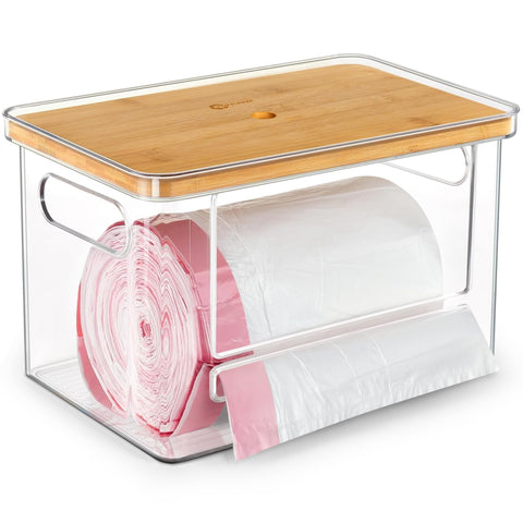 COZYCRAZE trash bag dispenser with wooden top for organized under-sink storage