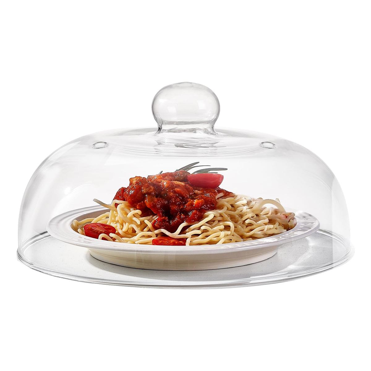 CozyState 10-inch borosilicate glass splatter cover shown as a clear lid for reheating.