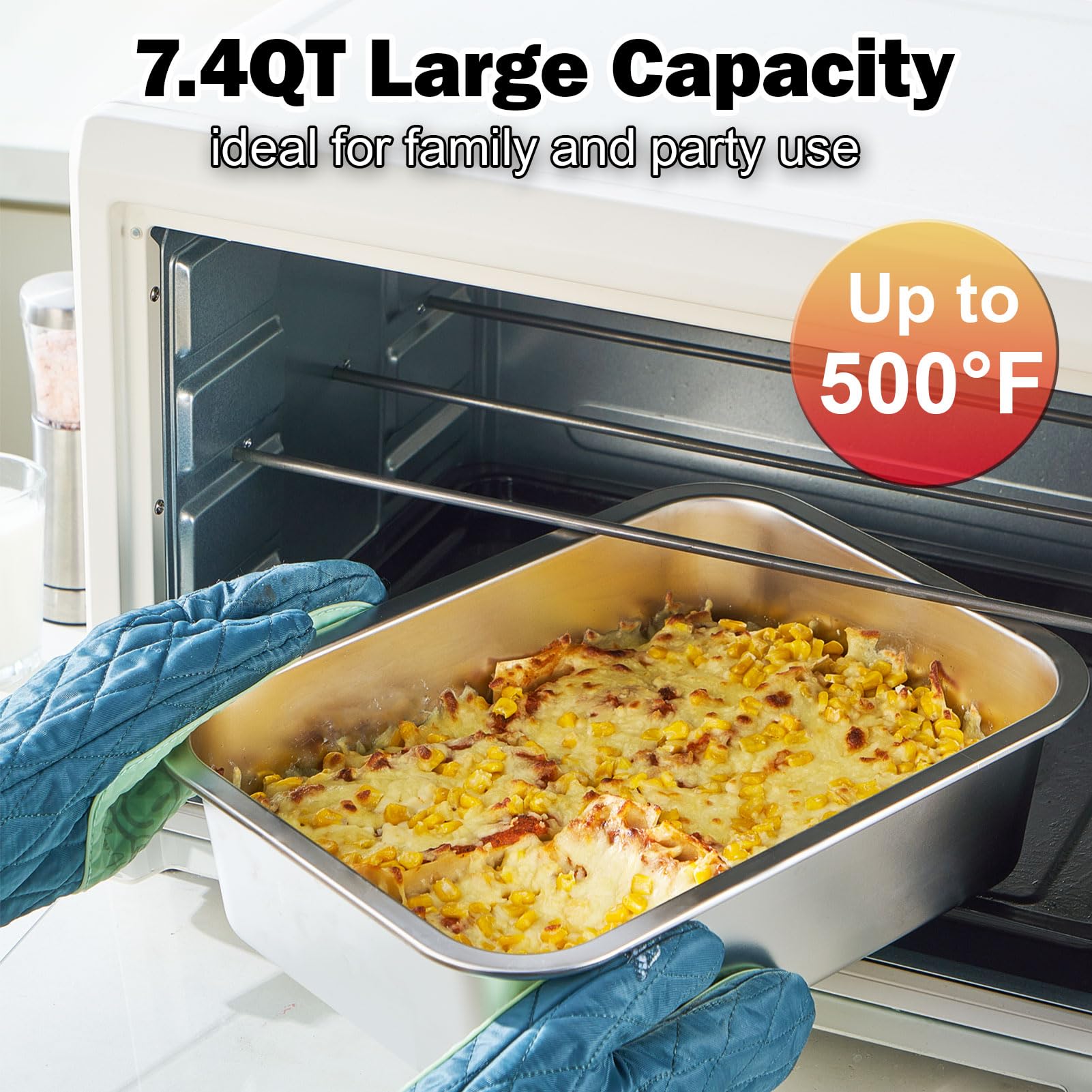 CozyState lasagna pan held by hands, highlighting large 7.4QT capacity.