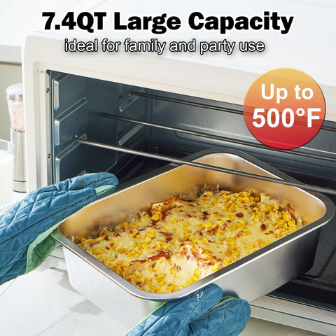 CozyState lasagna pan held by hands, highlighting large 7.4QT capacity.