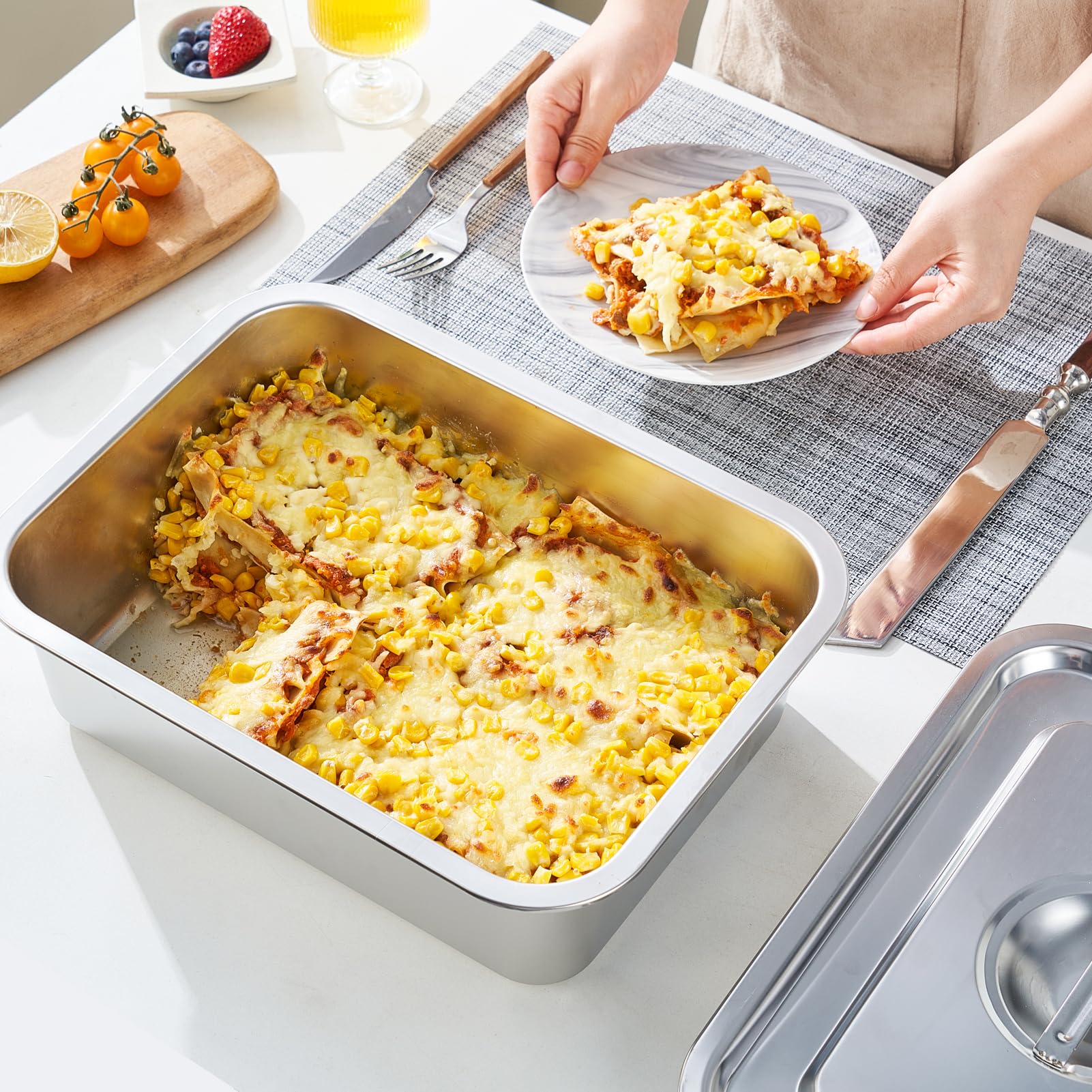 CozyState lasagna pan interior view showing the 9x13 inch space.