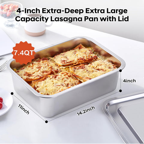 CozyState 11x14-inch lasagna pan side view shows durable stainless steel.