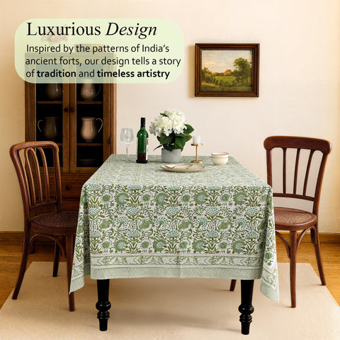 CPC agate green floral block print tablecloth, perfect for spring celebrations.