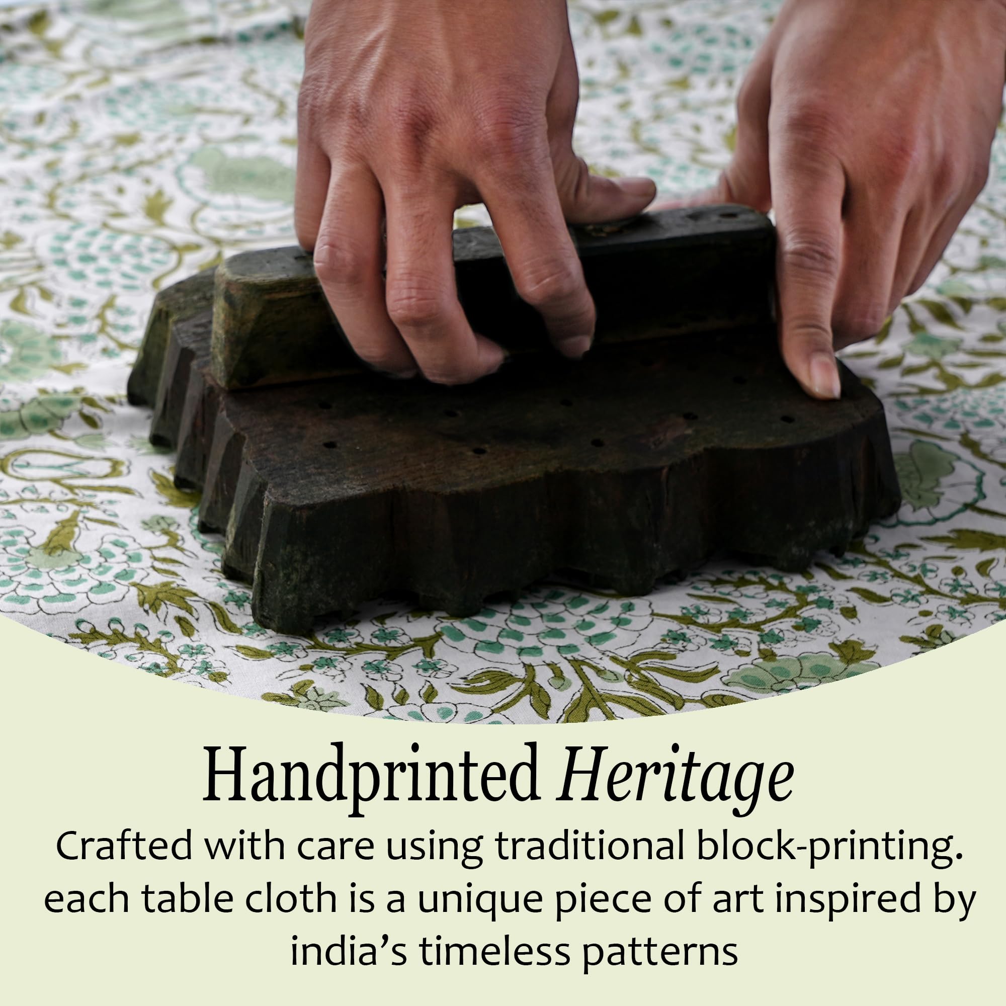 CPC block print tablecloth, BBQ-ready, durable for outdoor dining.