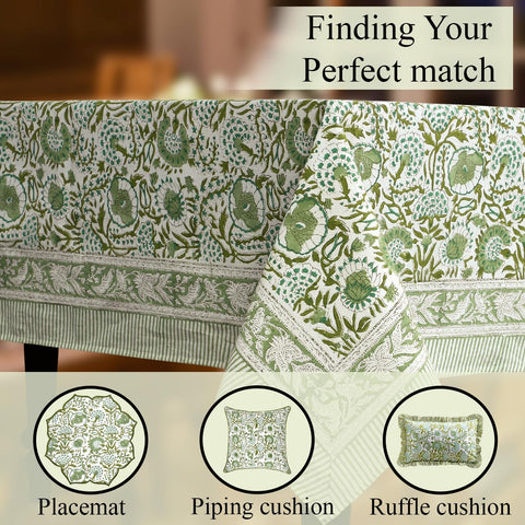 CPC agate-green block print tablecloth complements napkins and runners.