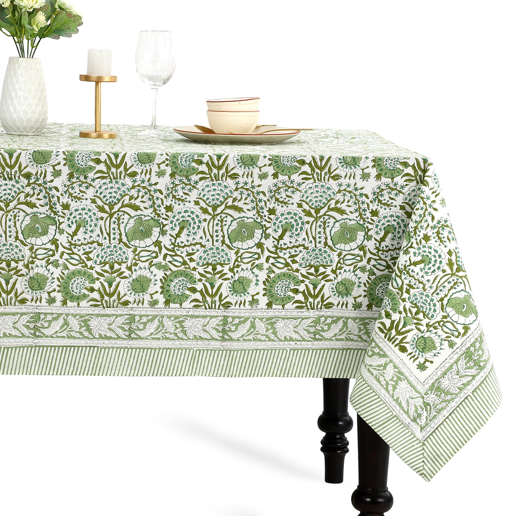 CPC Cotton Print Club agate green tablecloth, 60x60, elegant block print for gatherings.
