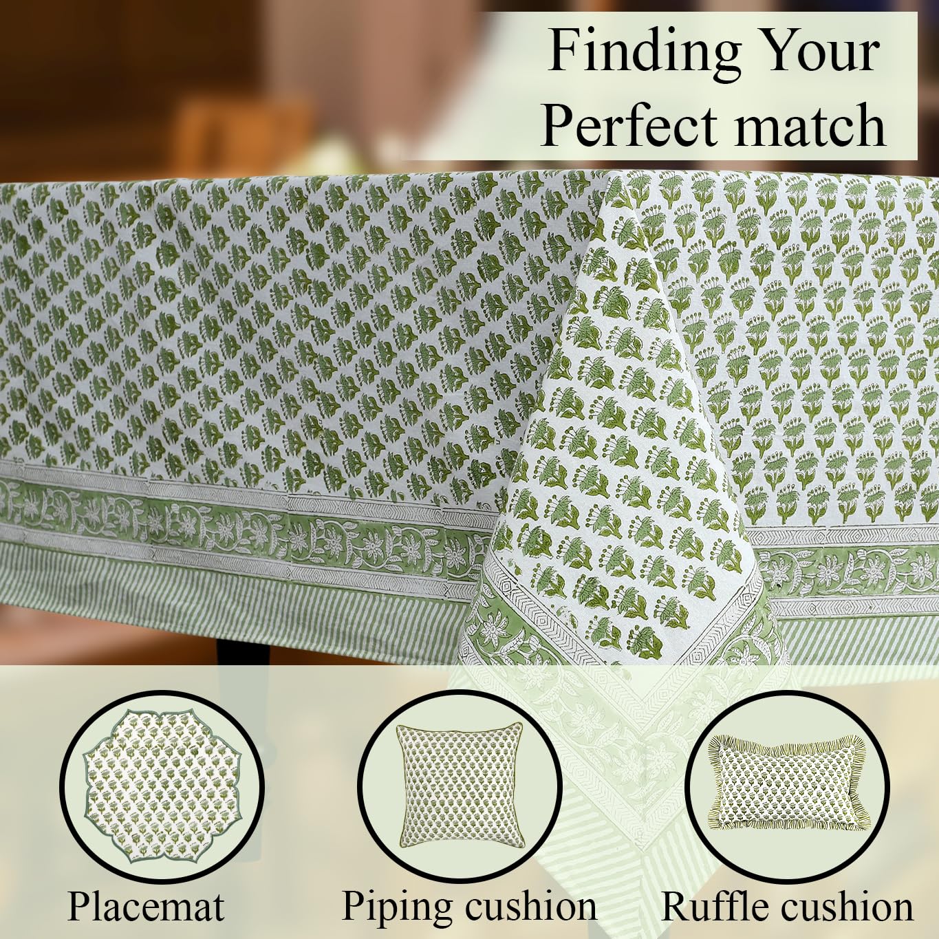CPC Cotton Print Club emerald-green botanical pattern enhances table aesthetics.