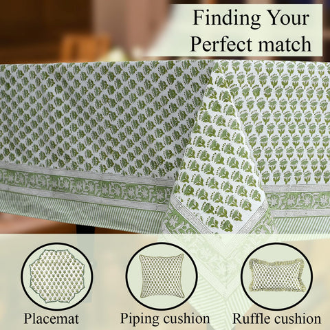 CPC Cotton Print Club emerald-green botanical pattern enhances table aesthetics.